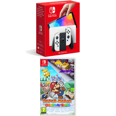 Nintendo Switch - White (OLED Model) + Paper Mario: The Origami King for Switch