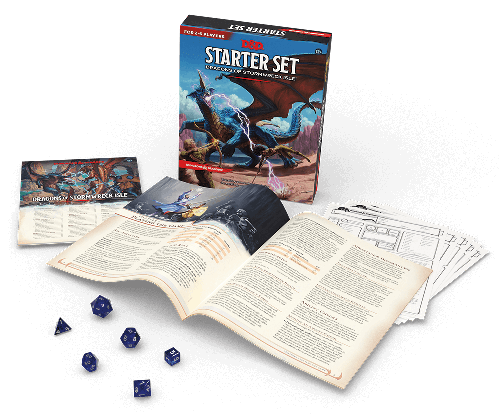 Image of the Dungeons and Dragons Starter Set, showing a 64-page adventure book with everything the Dungeon Master needs to get started, a 32-page rulebook for playing characters level 1 – 5, 5 pregenerated characters, each with a character sheet with supporting reference material, and 6 dice.